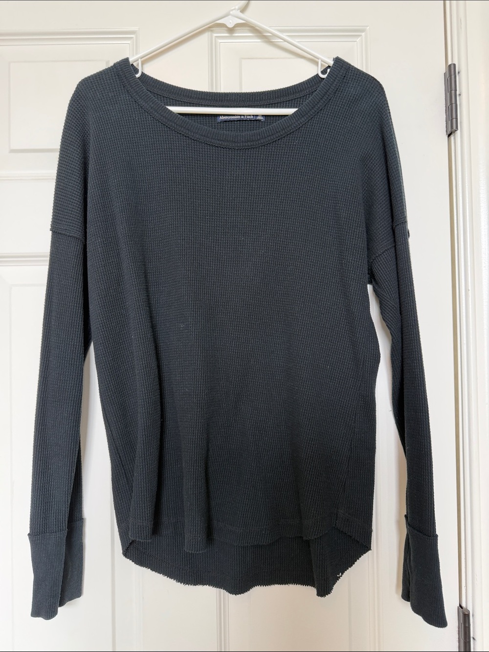 Abercrombie Textured Long Sleeve Waffle Knit Top in black